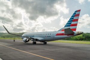 American Airlines airplane at Douglas Charles International Airport, Dominica.